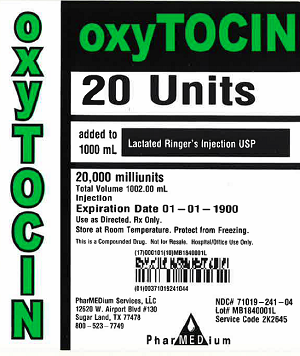 "Oxytocin 20 Units added to 1000 mL Lactated Ringer's Injection USP, NDC 71019-241-04"