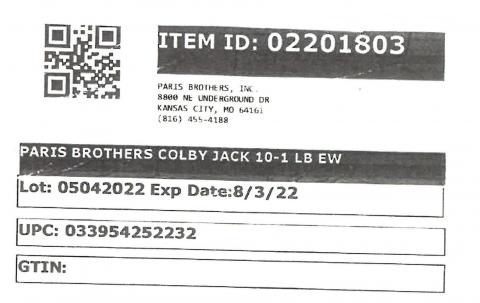 Carton label, Paris Brothers Colby Jack 