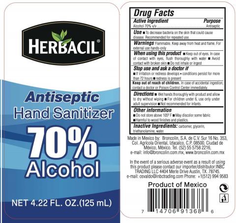Product label front and back, Herbacil Antiseptic Hand Sanitizer Net 4.22 FL. OZ. (125 mL)