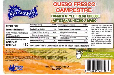 Label, Rio Grande Foods Queso Fresco Campestre 1