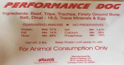 Label – PERFORMANCE DOG, FOR ANIMAL CONSUMPTION ONLY, Ingredient Statement & Guaranteed Analysis, BRAVOS
