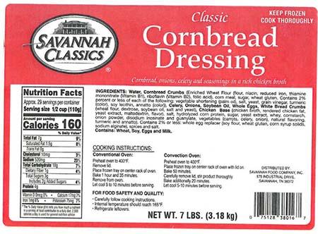 Product label, Savannah Classics Classic Cornbread Dressing NET WT 7 LBS (3.18 kg)