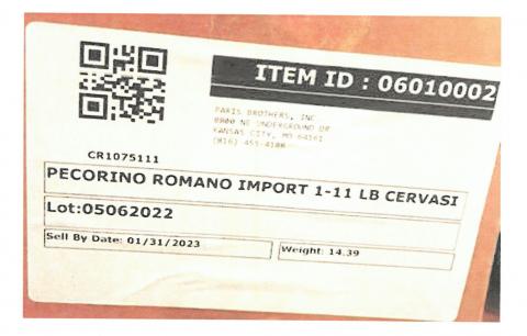 Carton label, Pecorino Romano Cheese