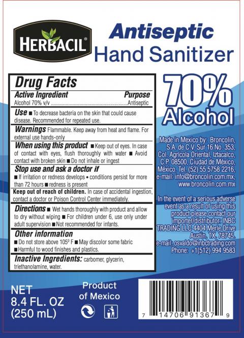 Product label back displaying Drug Facts and UPC Herbacil Antiseptic Hand Sanitizer Net 8.4 FL. OZ. (250 mL)