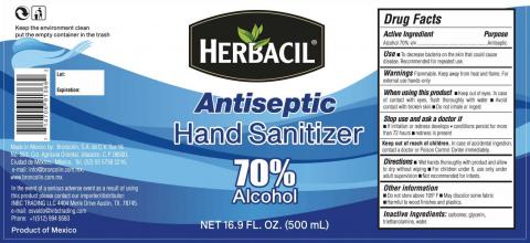 Product label front and back, Herbacil Antiseptic Hand Sanitizer Net 16.9 FL. OZ. (500 mL)