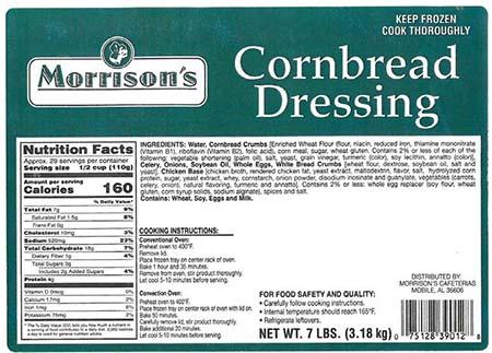 Product label, Morrison’s Cornbread Dressing NET WT 7 LBS (3.18 kg)