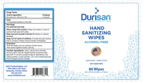 “Product label Durisan Hand Sanitizing Wipes 80 Wipes”