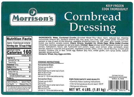 Product label, Morrison’s Cornbread Dressing NET WT 4.5 LBS (2.04 kg)