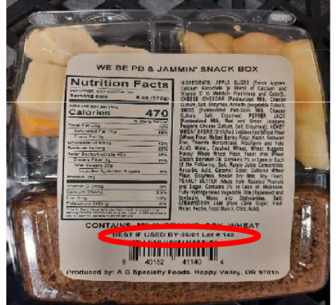 Image 7 – Photo, We Be PB & Jammin Snack Box, best if used by and lot placement circled in red