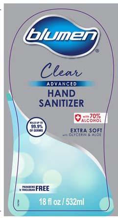 “Blumen Clear Advanced Hand Sanitizer, 2 oz front label”