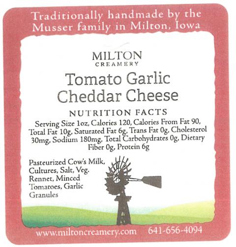 Product label, Milton Creamery Tomato Garlic Cheddar Cheese