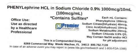 PHENYLephrine HCL in Sodium Chloride 0.9% 1000 mcg/10mL (100mcg/mL) Contains Sulfites, Premier Pharmacy Labs