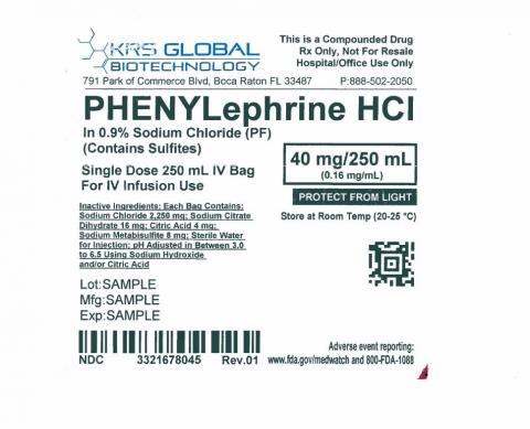 Phenylephrine HCL, 40mg/250 ml  label example