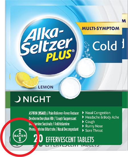 Product image of Alka-Seltzer Plus included in recall with Bayer Logo with Green background