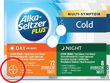 Product image of Alka-Seltzer Plus included in recall with Bayer Logo with Orange background