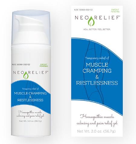 Product image, NeoRelif muscle cramping & restlessness, 2018 Current Bottle, Label, and Box Design