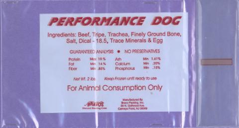 Product label, Bravo Performance Dog