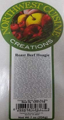 Product label, Northwest Cuisine Creations, Roast Beef Hoagie