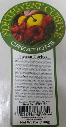 Product label, Northwest Cuisine Creations, Tuscan Turkey