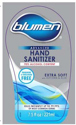 “Blumen Advanced Hand Sanitizer, 7.5 oz front label”