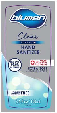 “Blumen Clear Advanced Hand Sanitizer, 1.05 gal front label”