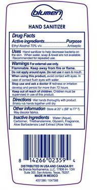 “Blumen Clear Advanced Hand Sanitizer, 1.05 gal back label”