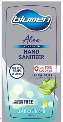 “Blumen Clear Advanced Hand Sanitizer, 3.4 oz front label”