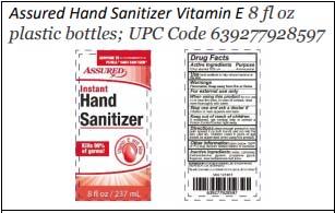 Product label front and back, Assured Hand Sanitizer Vitamin E 8 fl oz plastic bottles; UPC 639277928597