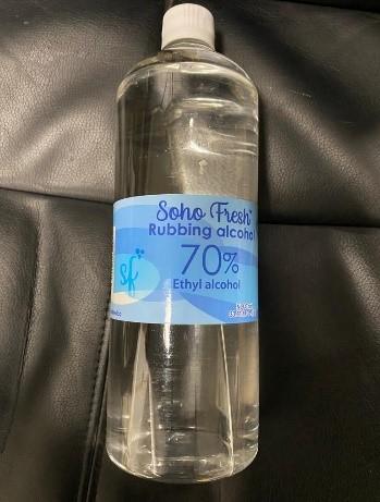 Soho Fresh 70% Rubbing Alcohol in 33.81 oz. clear plastic bottles, front view