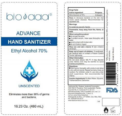 Product Label for bio aaa Advance Hand Sanitizer