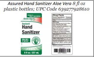 Product label front and back, Assured Hand Sanitizer Aloe Vera 8 fl oz plastic bottles; UPC 639277928610