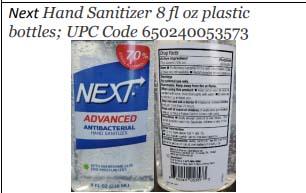Product label front and back, Next Hand Sanitizer 8 fl oz plastic bottles; UPC 650240053573