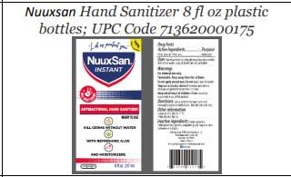 Product label front and back, Nuuxsan Hand Sanitizer 8 fl oz plastic bottles; UPC 713620000175