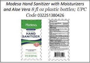 Product label front and back, Modesa Hand Sanitizer with Moisturizers and Aloe Vera 8 fl oz plastic bottles; UPC 032251380426