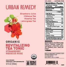 Product label, Urban Remedy Organic Revitalizing Tea Tonic Strawberry Hibiscus Rose 12 FL OZ (355mL)