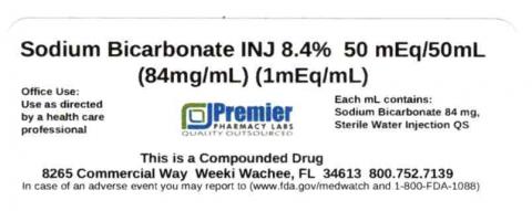 Sodium Bicarbonate INJ, 8.4% 50 mEq/50mL (84mg/mL) (1 mEq/mL), Premier Pharmacy Labs