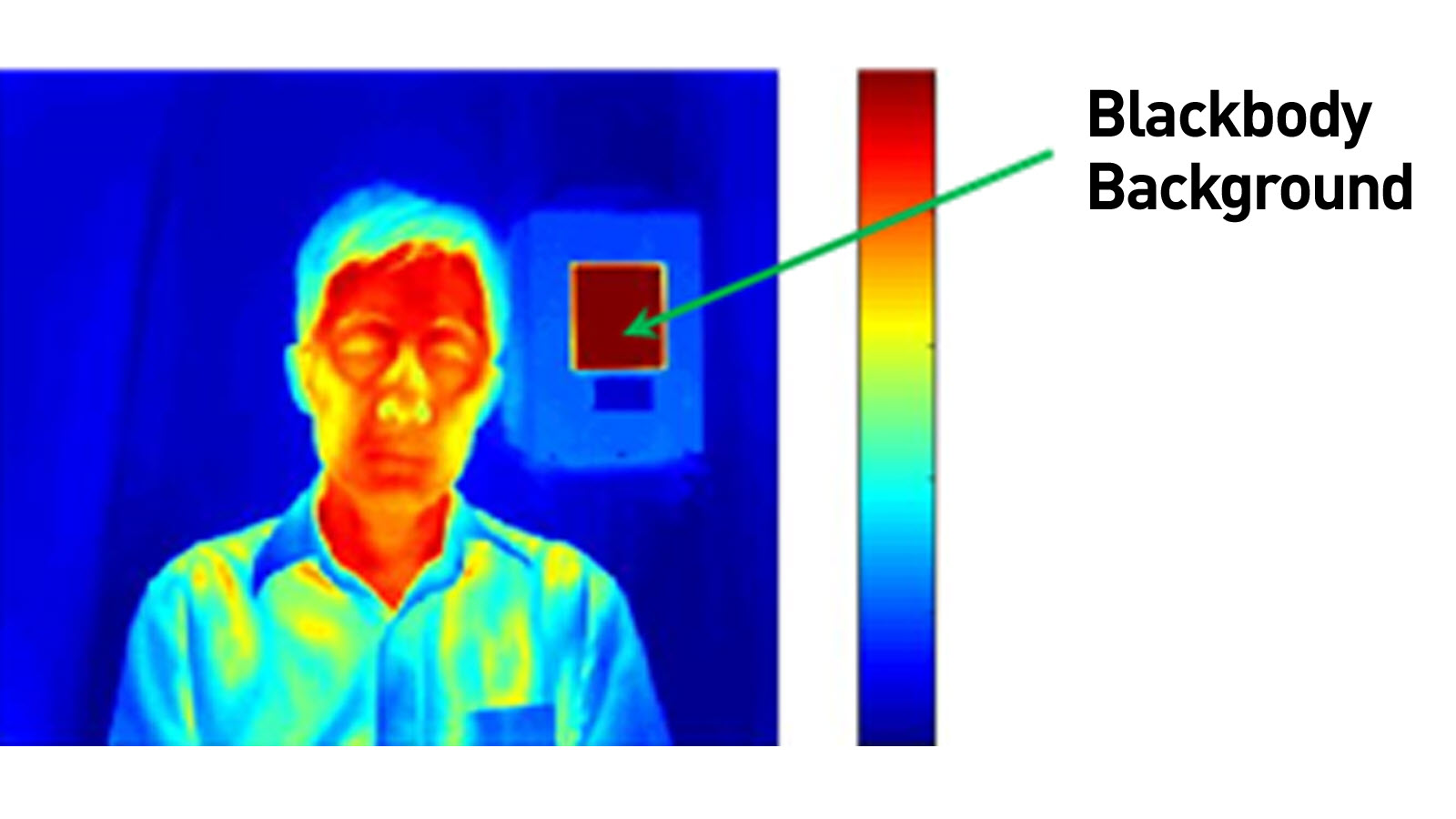 Picture of the infrared thermal image of a man standing in front of a plain wall with a small square blackbody background on the wall. His face is shown in a dark red color indicating a higher skin surface temperature than his clothing that is shown in blue and yellow. The blackbody background is shown in very dark brown indicating minimized reflection of infrared radiation. A temperature range scale bar to the right of the picture shows a color range from dark brown through the color spectrum to dark blue.
