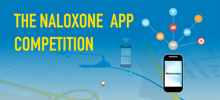 The Naloxone App Competition, smart phone with #NaloxoneApp and icons