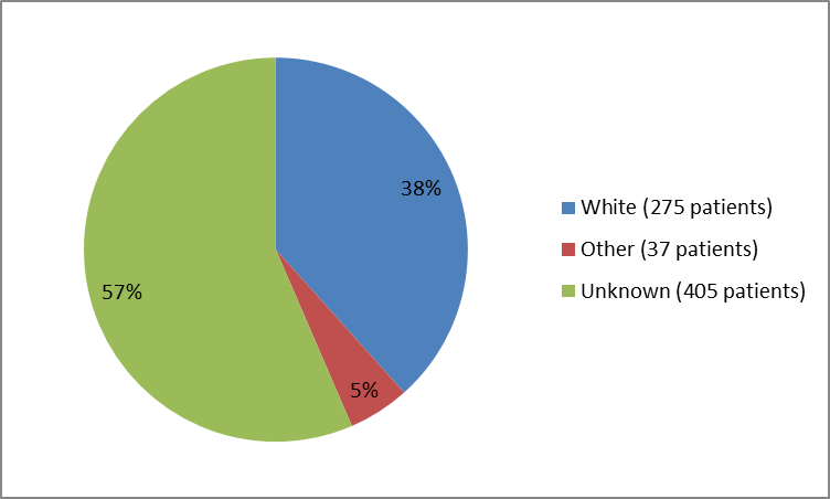 Pie chart summarizing the percentage of patients by race enrolled in the clinical trial. In total, 275 Whites (38%), 37 Other (5%) and 405 unknown(57%) participated in the clinical trial.