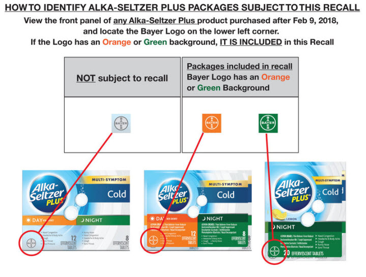3 Alka Seltzer Plus boxes are displayed. Boxes with the gray Bayer symbol in the lower left are not subject to the recall. Boxes with orange or green Bayer symbols in the lower left are subject to the