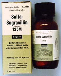 Medicine bottle and box labeled Sulfa-Sugracillin
