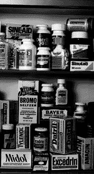 Several over-the-counter medicines, including Midol, Excedrin, Bromo Seltzer, Bayer aspirin, Sinutabs, Datril, Tylenol