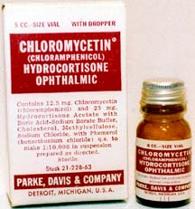Medicine bottle and label for the drug Chloromycetin (chloramphenicol) Hydrocotisone ophthalmic