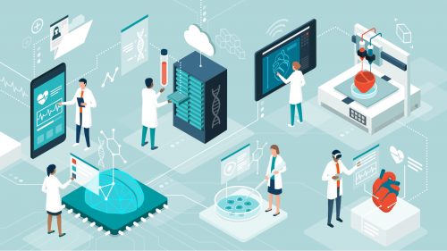 stylized illustration of lab workers in white coats manipulating high-tech medical product manufacturing equipment 