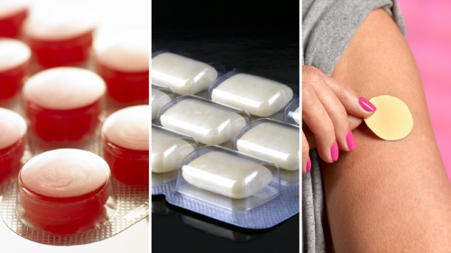 Collage image of 3 photos. Left image of red lozenges. Middle image of white gum in packaging. Right image of woman applying patch to arm.