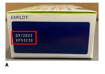 Image 1: “Red box shows where the batch number is located on the carton (e.g. the batch number is KP53230)”