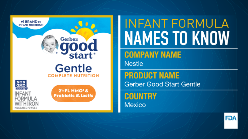 Infant Formula Names to Know. Company name is Nestle. Product name is Gerber Good Start Gentle. It comes from Mexico