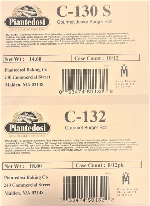 Label – Piantedosi C-130 S, Gourmet Junior Burger Roll, Net Wt: 14.60, Case Count: 10/12,  Label – Piantedosi C-132, Gourmet Burger Roll, Net Wt: 18.00, Case Count: 8/12pk
