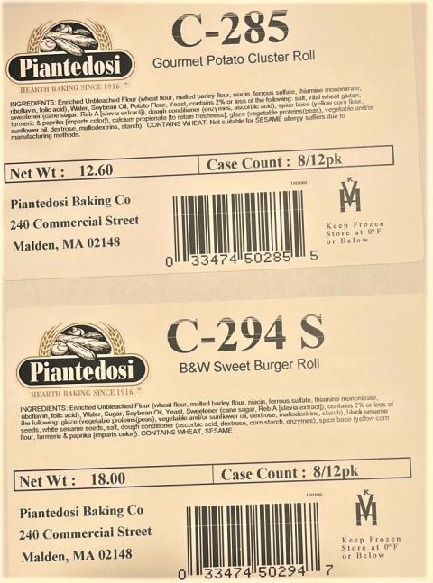 Label – Piantedosi C-285, Gourmet Potato Cluster Roll, Net Wt: 12.60, Case Count: 8/12pk,  Label – Piantedosi C-294 S, B&W Sweet Burger Roll, Net Wt: 18.00, Case Count: 8/12pk