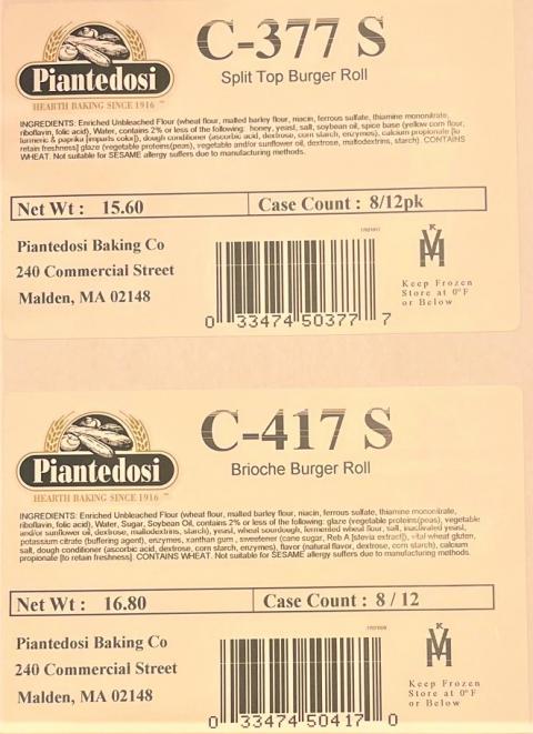 Label – Piantedosi C-377 S, Split Top Burger Roll, Net Wt: 15.60, Case Count: 8/12pk,  Label – Piantedosi C-417 S, Brioche Burger Roll, Net Wt: 16.80, Case Count: 8/12